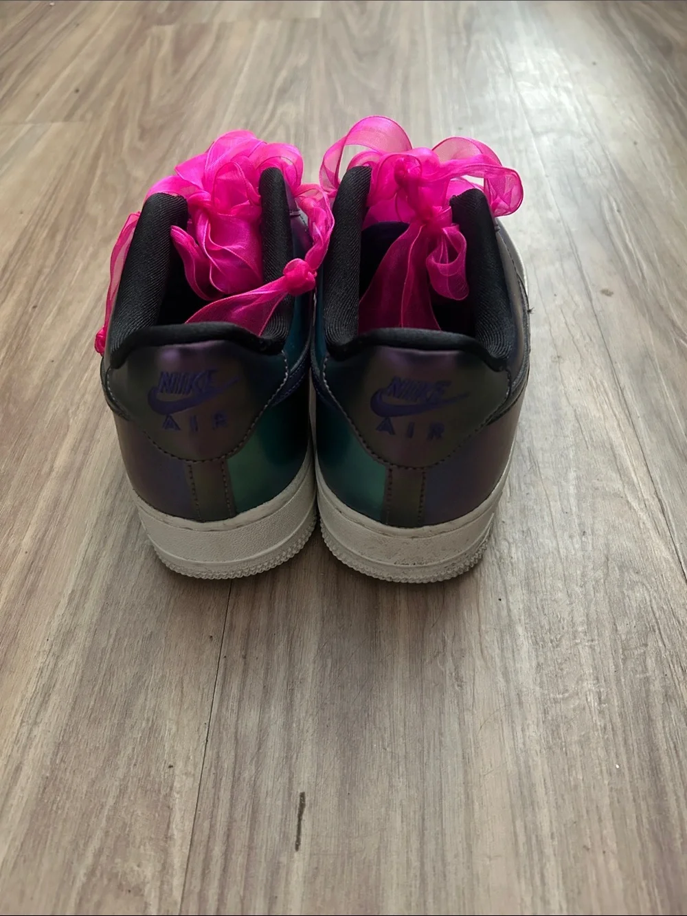 Women's Nike Air Force 1’s Iridescent Green Sneakers with Hot Pink Ribbon Laces